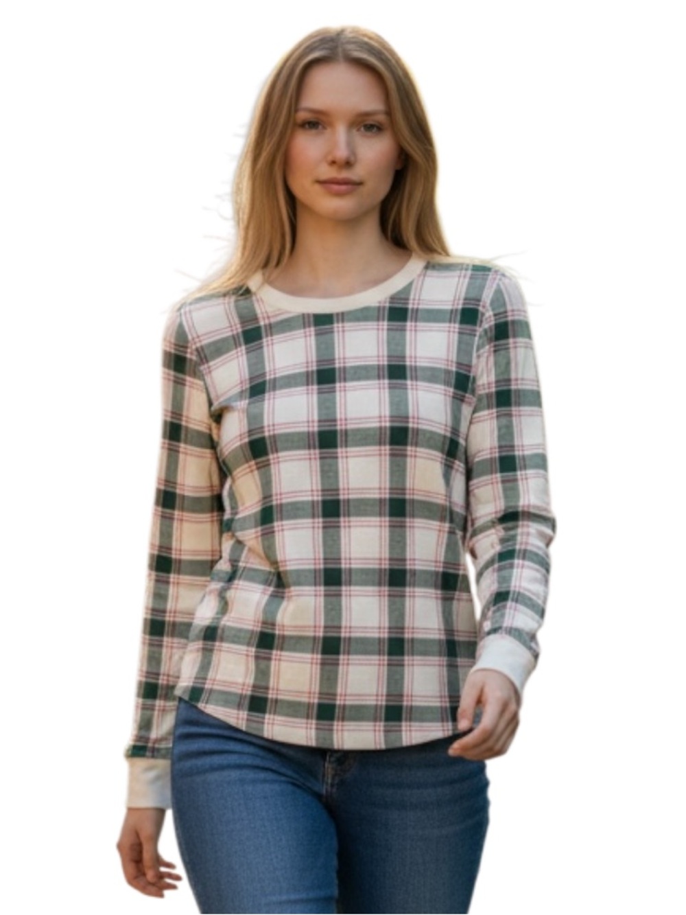 Wondershop Green and Cream Plaid Long-Sleeve Crewneck Top